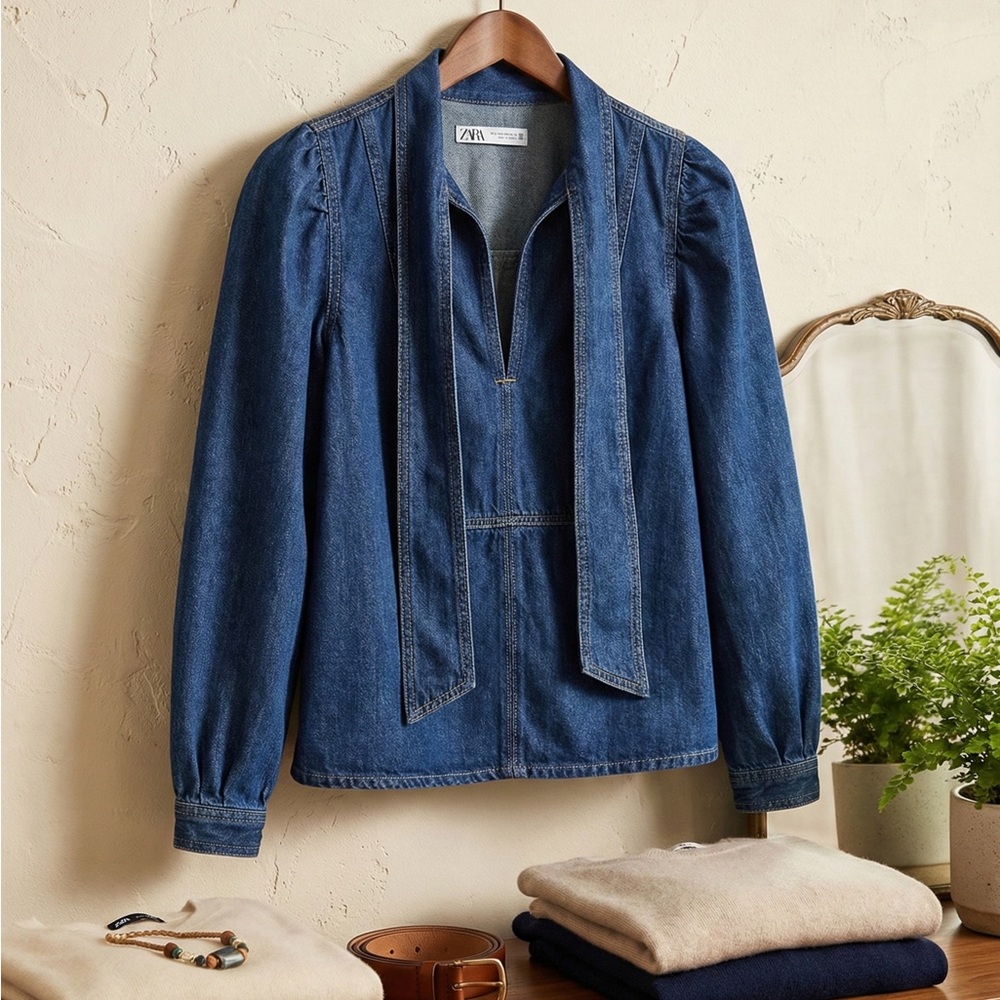 Zara Indigo Denim Top with Tie size XS